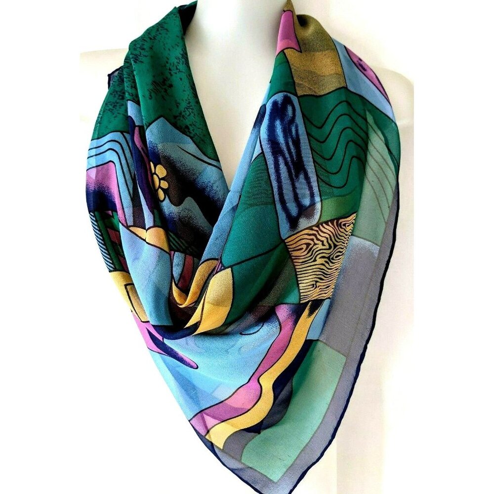 Picasso Silk Square Scarf Abstract Blue Green Purple Hand Rolled Vintage 34*34"